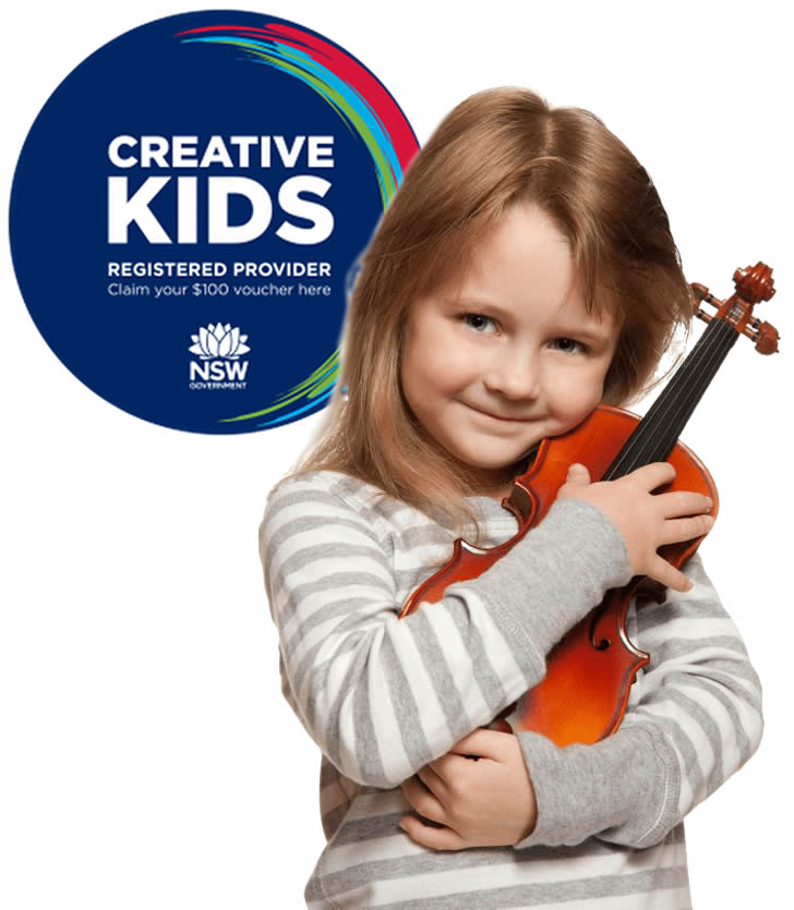 A young girl hugging her violin during an in-home lesson